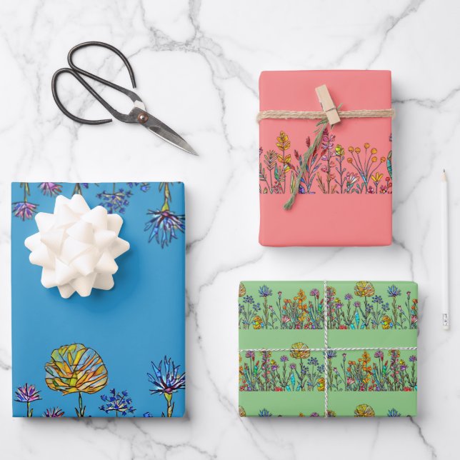 Stained Glass Wildflowers Wrapping Paper Sheet (Front)