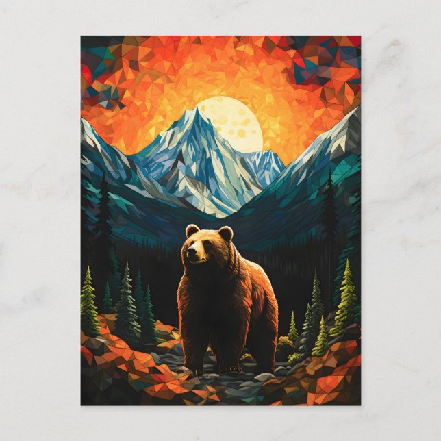 Stained Glass Wildlife Mountain Sunset Bear Announcement Postcard (Front)