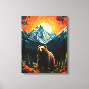 Stained Glass Wildlife Mountain Sunset Bear Canvas Print