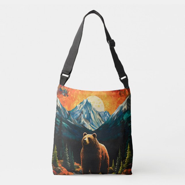 Stained Glass Wildlife Mountain Sunset Bear Crossbody Bag (Front)