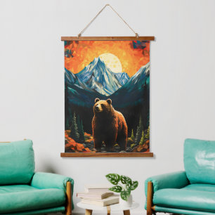 Stained Glass Wildlife Mountain Sunset Bear Hanging Tapestry