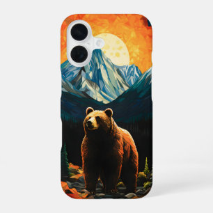 Stained Glass Wildlife Mountain Sunset Bear iPhone 16 Case