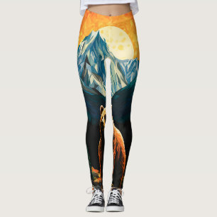 Stained Glass Wildlife Mountain Sunset Bear Leggings