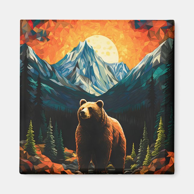 Stained Glass Wildlife Mountain Sunset Bear Magnet (Front)