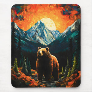 Stained Glass Wildlife Mountain Sunset Bear Mouse Pad
