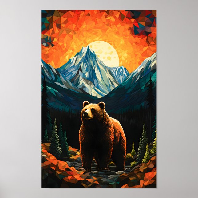 Stained Glass Wildlife Mountain Sunset Bear Poster (Front)