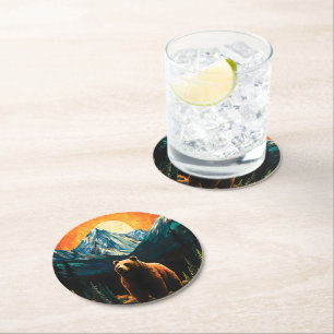 Stained Glass Wildlife Mountain Sunset Bear Round Paper Coaster
