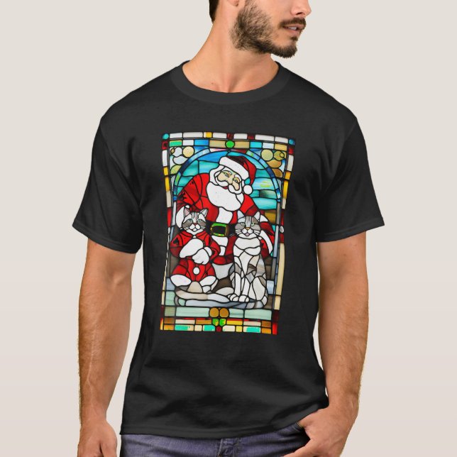 Stained Glass Window Art Grey Tabby Cat and Santa  T-Shirt (Front)