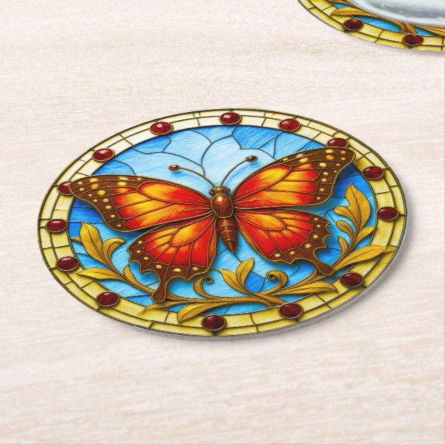 Stained glass window butterfly round paper coaster (Angled)