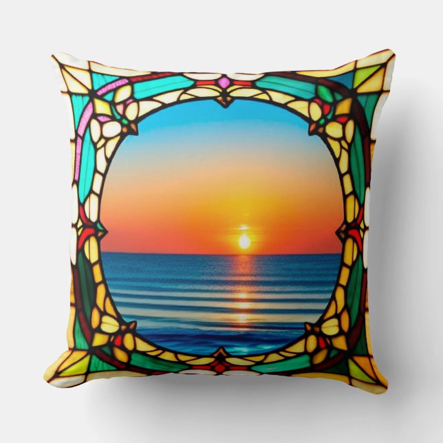 Stained Glass Window Framing a Vibrant Sunriset Cushion (Front)