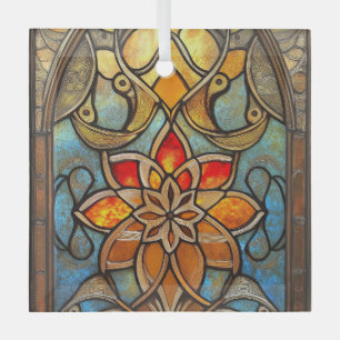 Stained glass window in blue, orange and gold glass tree decoration