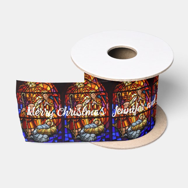 Stained Glass Window Nativity Add Text Names Satin Ribbon (Spool)