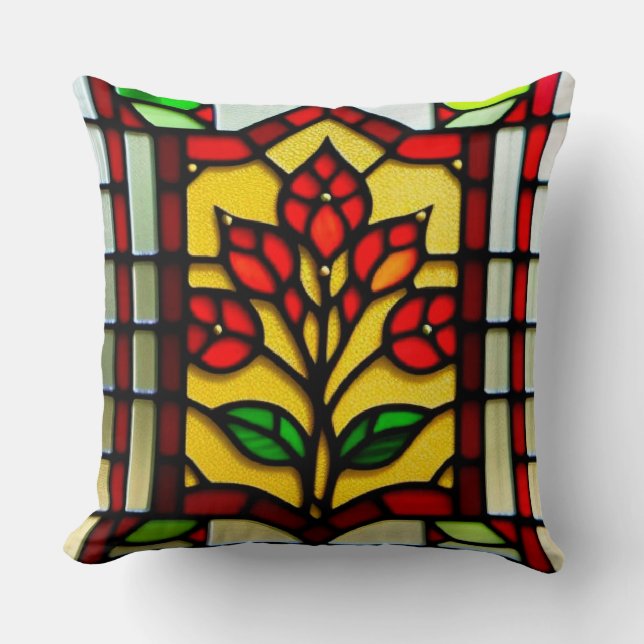 Stained Glass Window With Red Flower Cushion (Front)