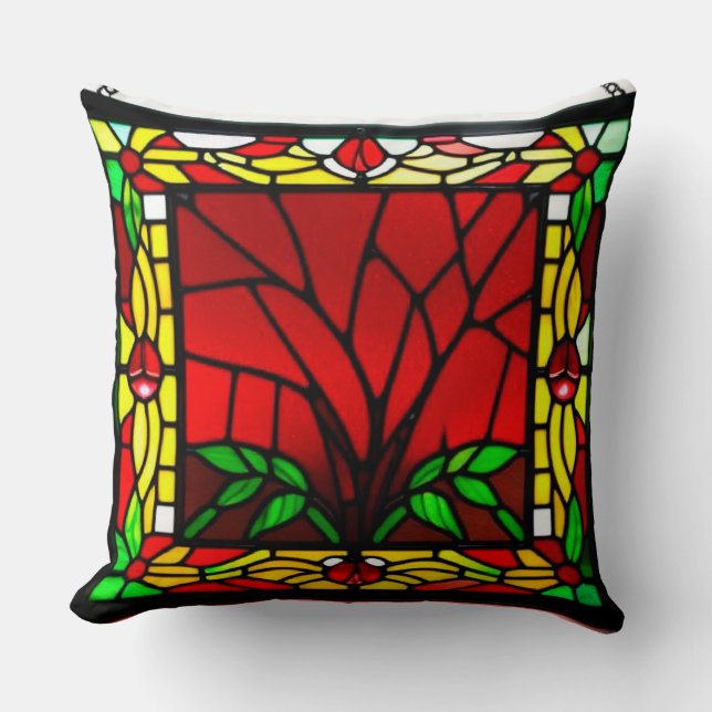 Stained Glass Window With Red Flower Cushion (Front)