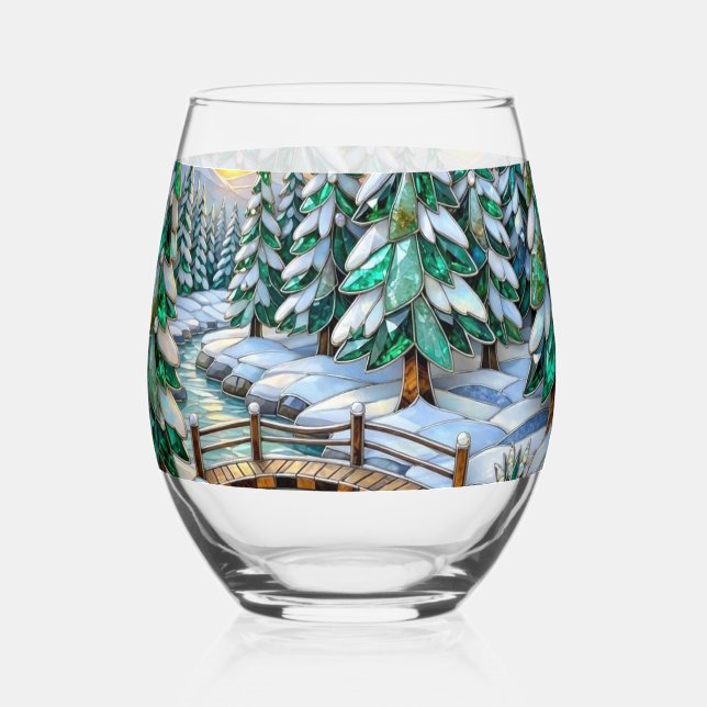 Stained Glass Winter Landscape Emerald Pine Bridge (Front)