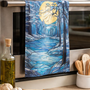 stained-glass winter landscape tea towel