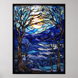 Stained Glass Winter Landscape with Full Moon Poster
