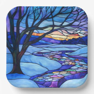 Stained-glass Winter Woods Paper Plate