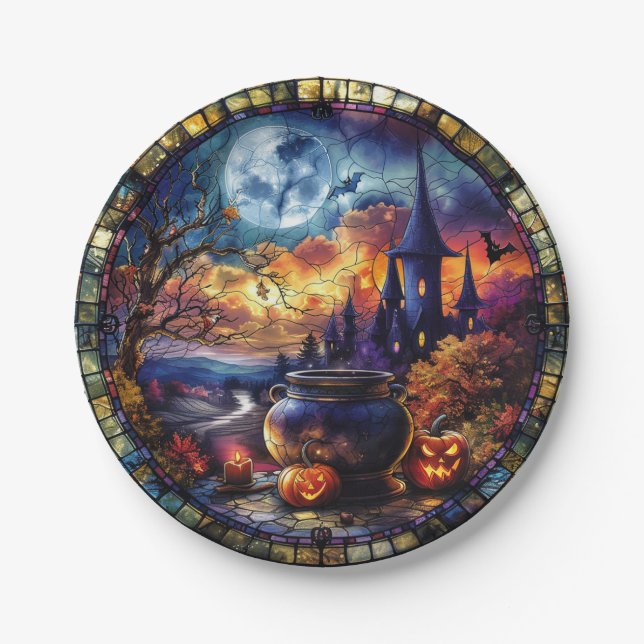 Stained Glass Witch's Cauldron Paper Plate (Front)