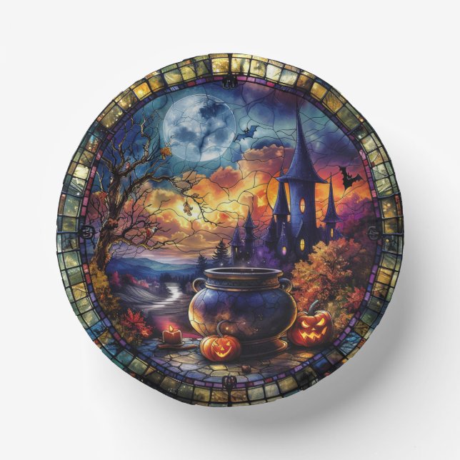 Stained Glass Witch's Cauldron Paper Plate (Front)