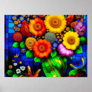 Stained glass with colorful flowers  poster