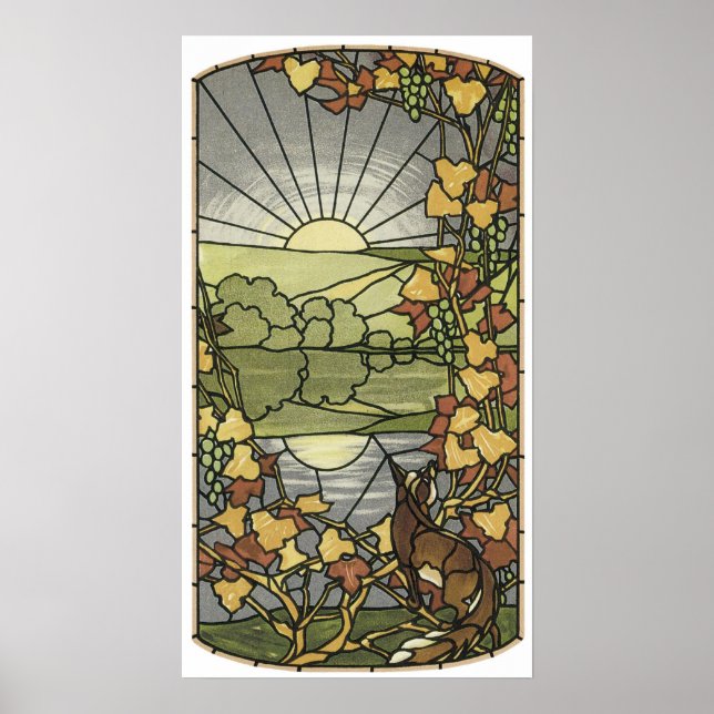 Stained Glass with fox and grapes Poster (Front)