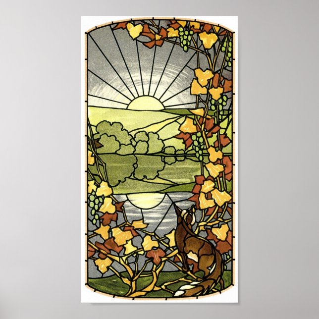 Stained Glass with fox and sun Poster (Front)