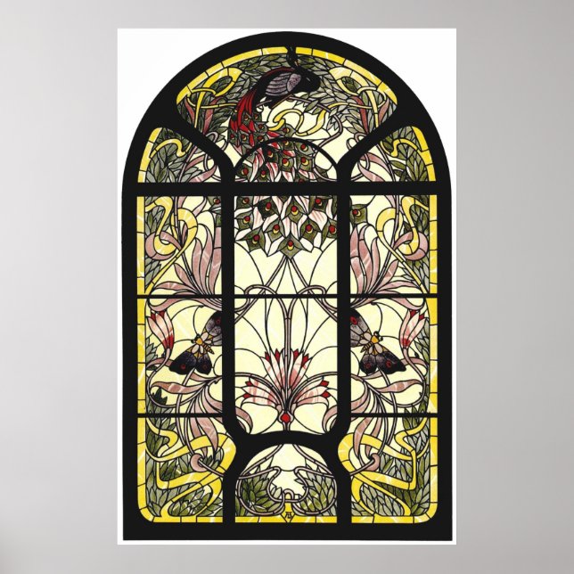 Stained Glass with Peacock and Butterflies Poster (Front)