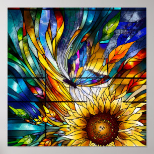 Stained Glass with Sunflower and Butterfly Poster