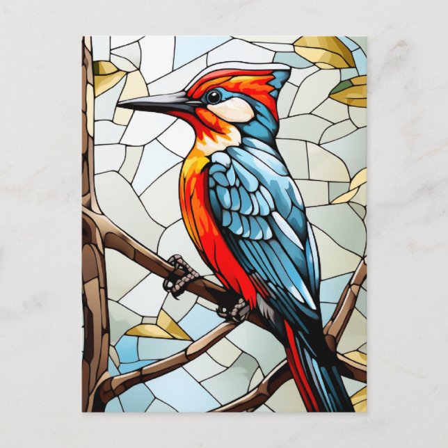 Stained Glass Woodpecker Bird Holiday Postcard (Front)