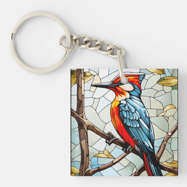 Stained Glass Woodpecker Bird Key Ring (Front)