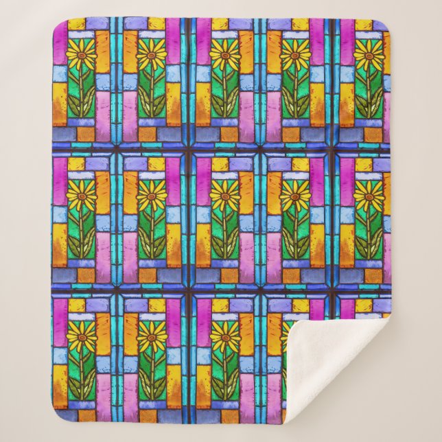 Stained Glass Yellow Daisy Sherpa Blanket (Front)