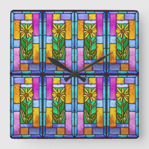 Stained Glass Yellow Daisy Square Wall Clock