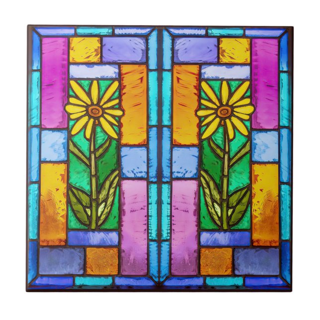 Stained Glass Yellow Daisy Tile (Front)
