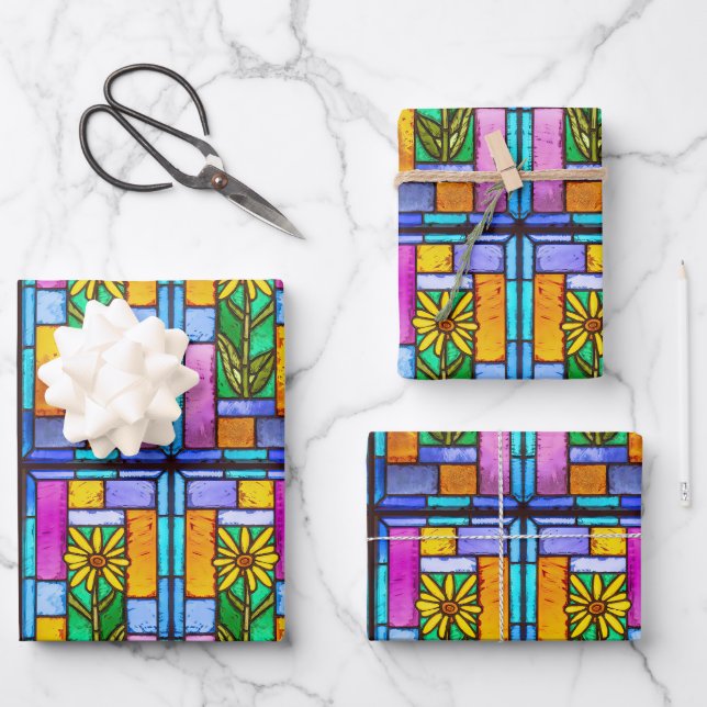Stained Glass Yellow Daisy Wrapping Paper Sheet (Front)