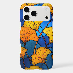 Stained glass yellow ginkgo leaves on blue