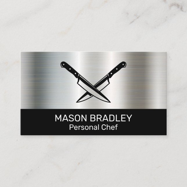 Stainless Steel Background | Crossed Knives Business Card (Front)