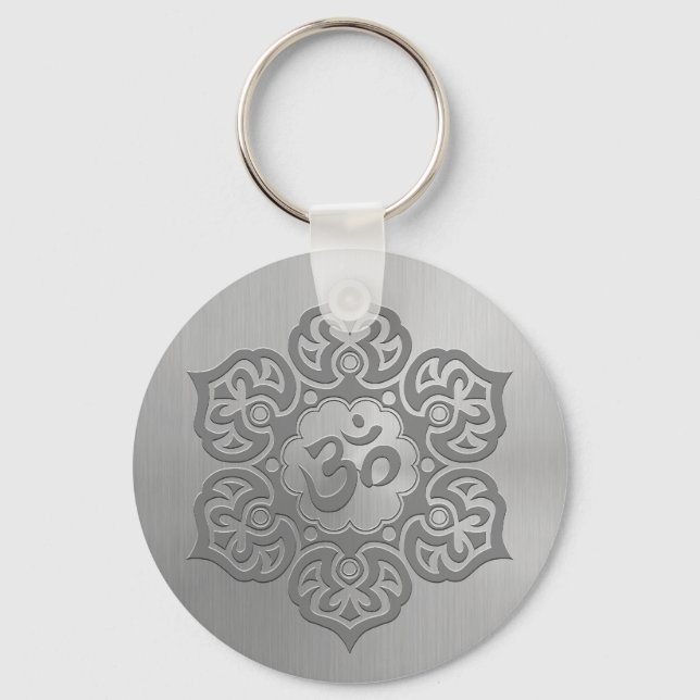 Stainless Steel Effect Floral Aum Graphic Key Ring (Front)