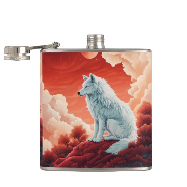 stainless steel flat man with mystical wolf hip flask (Opened)