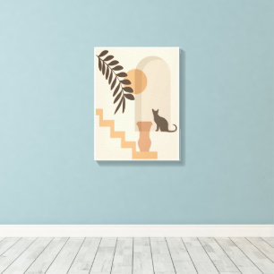 Stairs Leaf Vase Cat, Boho Abstract Geometric Art Canvas Print