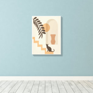 Stairs Leaf Vase Cat, Boho Abstract Geometric Art Canvas Print