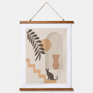 Stairs Leaf Vase Cat, Boho Abstract Geometric Art Hanging Tapestry
