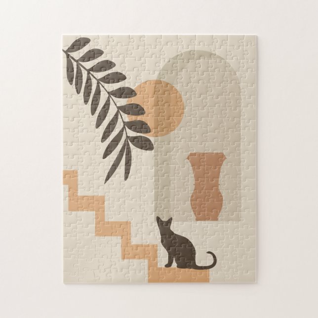 Stairs Leaf Vase Cat, Boho Abstract Geometric Art Jigsaw Puzzle (Vertical)