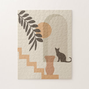 Stairs Leaf Vase Cat, Boho Abstract Geometric Art Jigsaw Puzzle