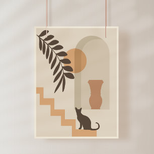 Stairs Leaf Vase Cat, Boho Abstract Geometric Art Photo Print