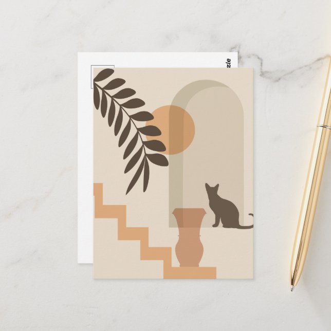 Stairs Leaf Vase Cat, Boho Abstract Geometric Art Postcard (Front/Back In Situ)