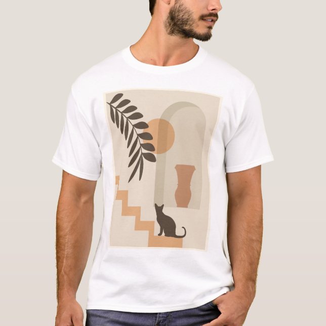 Stairs Leaf Vase Cat, Boho Abstract Geometric Art T-Shirt (Front)