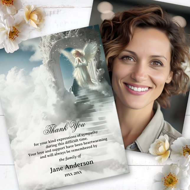 Stairway to Heaven Angel Sympathy Photo Thank You (Memorial or funeral Thank You card featuring a stairway to heaven with an angel and a custom photo)
