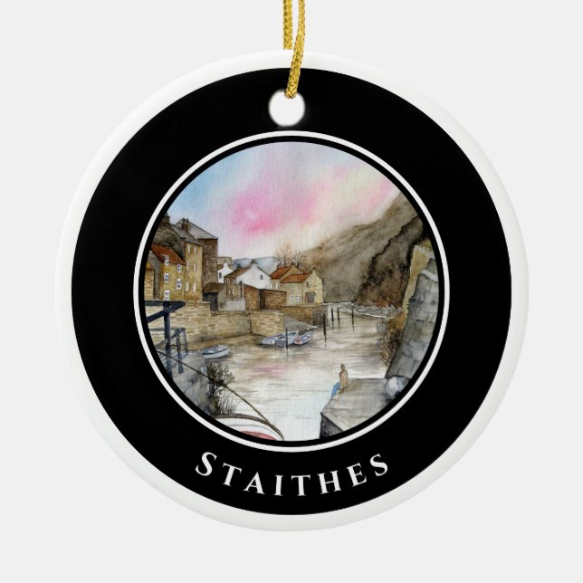 Staithes North Yorkshire England Watercolour Ceramic Tree Decoration (Front)