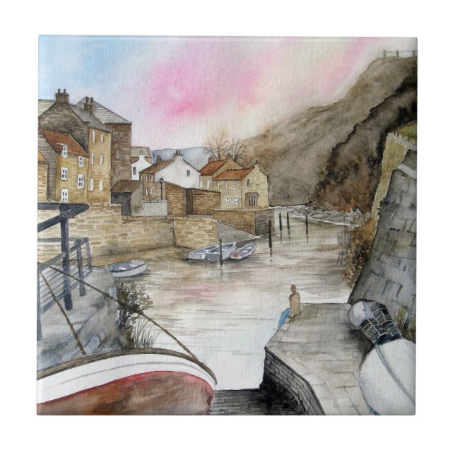 Staithes, North Yorkshire, England Watercolour Tile (Front)